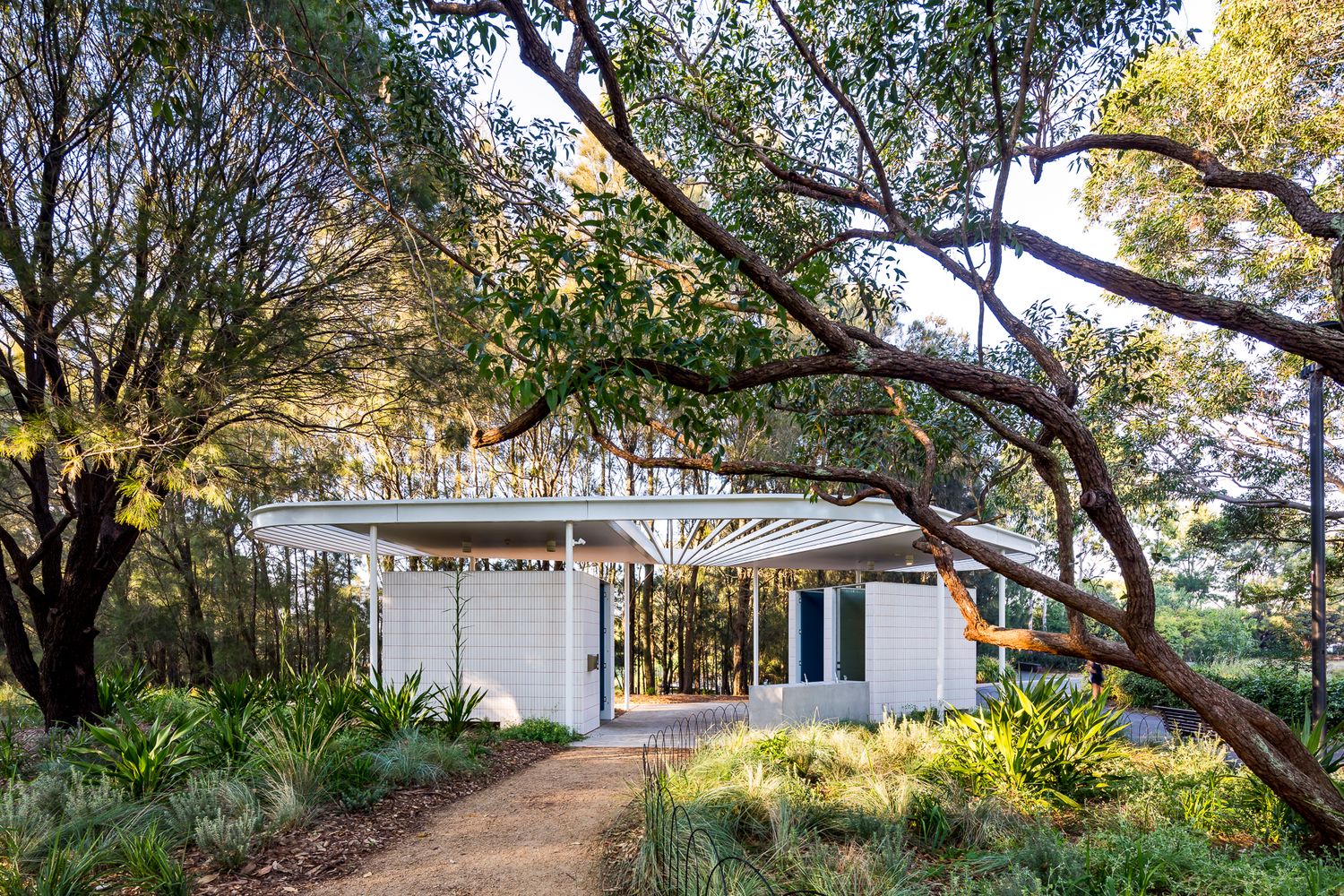 Small white pavilion with a flat roof and walkway framed by twisting gum tree branches and native garden plantings.