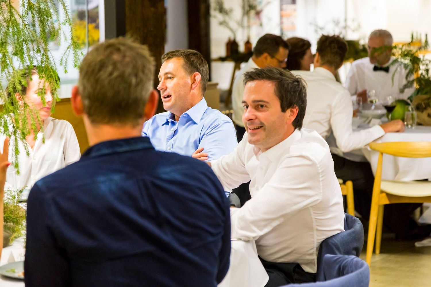 Business colleagues chat and smile while dining at a restaurant table, with other diners seated in the softly lit background.