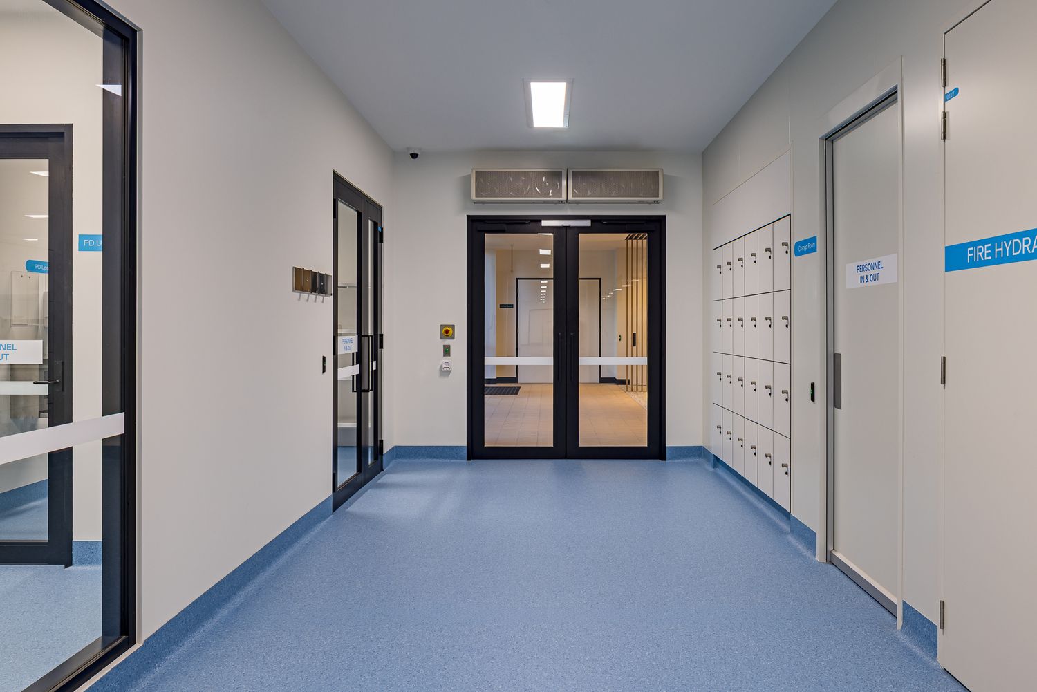 Bright hospital corridor with blue flooring, double glass doors, wall-mounted lockers and a wide window in a modern healthcare facility.