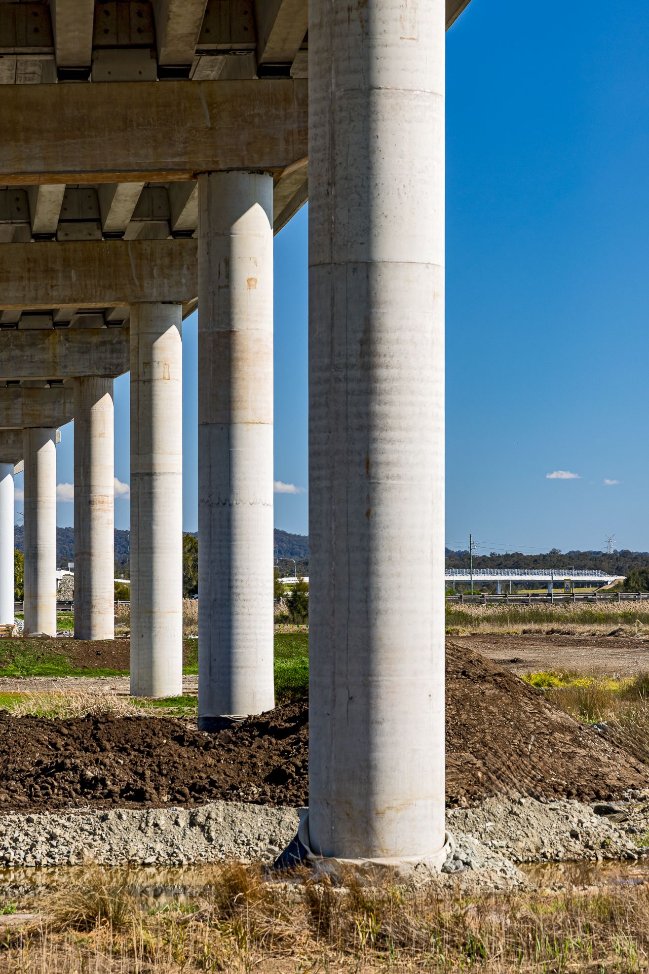 Row of tall round concrete bridge piers supporting a highway viaduct above bare earth and gravel on a sunny day.