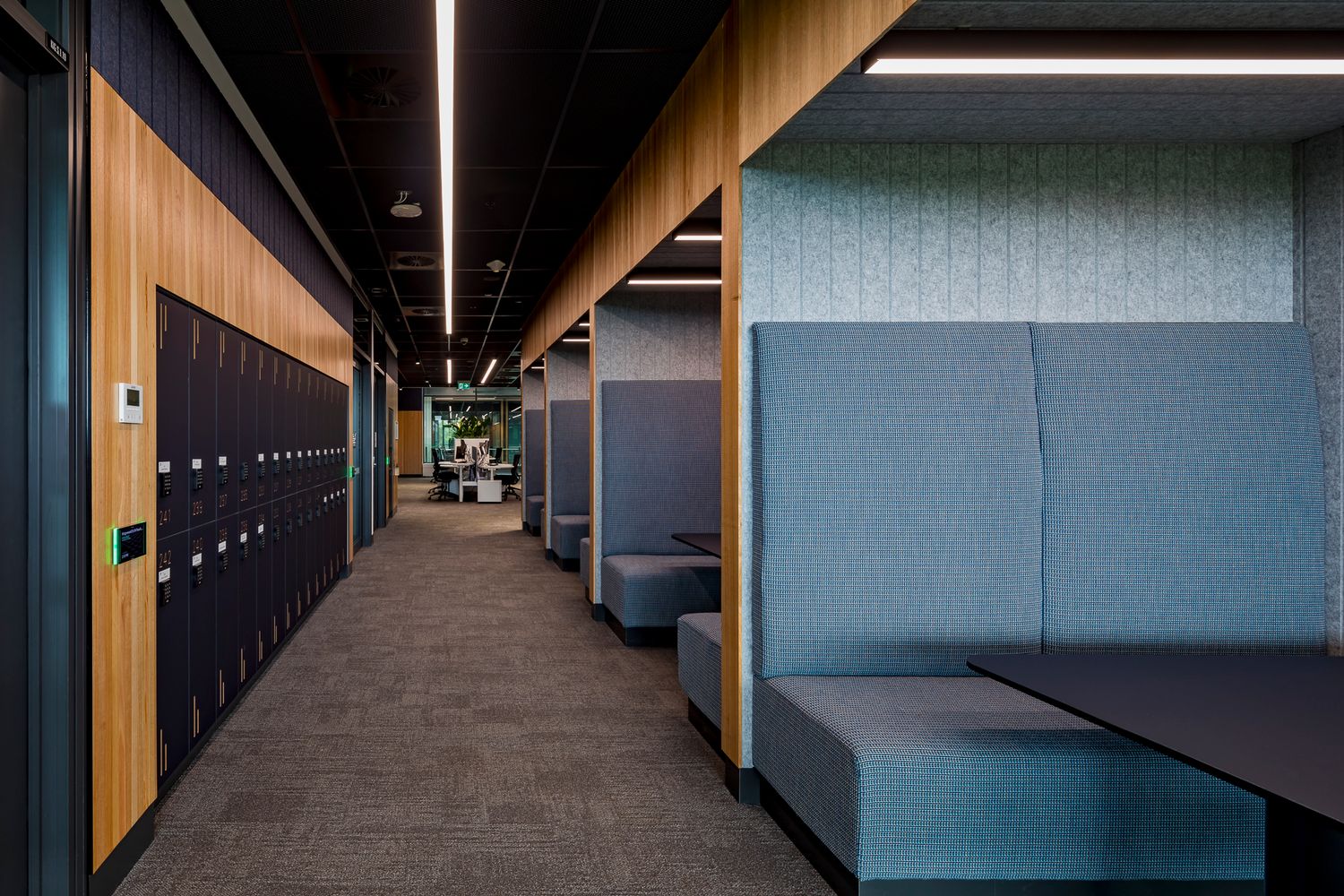 Contemporary campus corridor with timber panelling, dark lockers and blue upholstered booth seating in a quiet study nook.