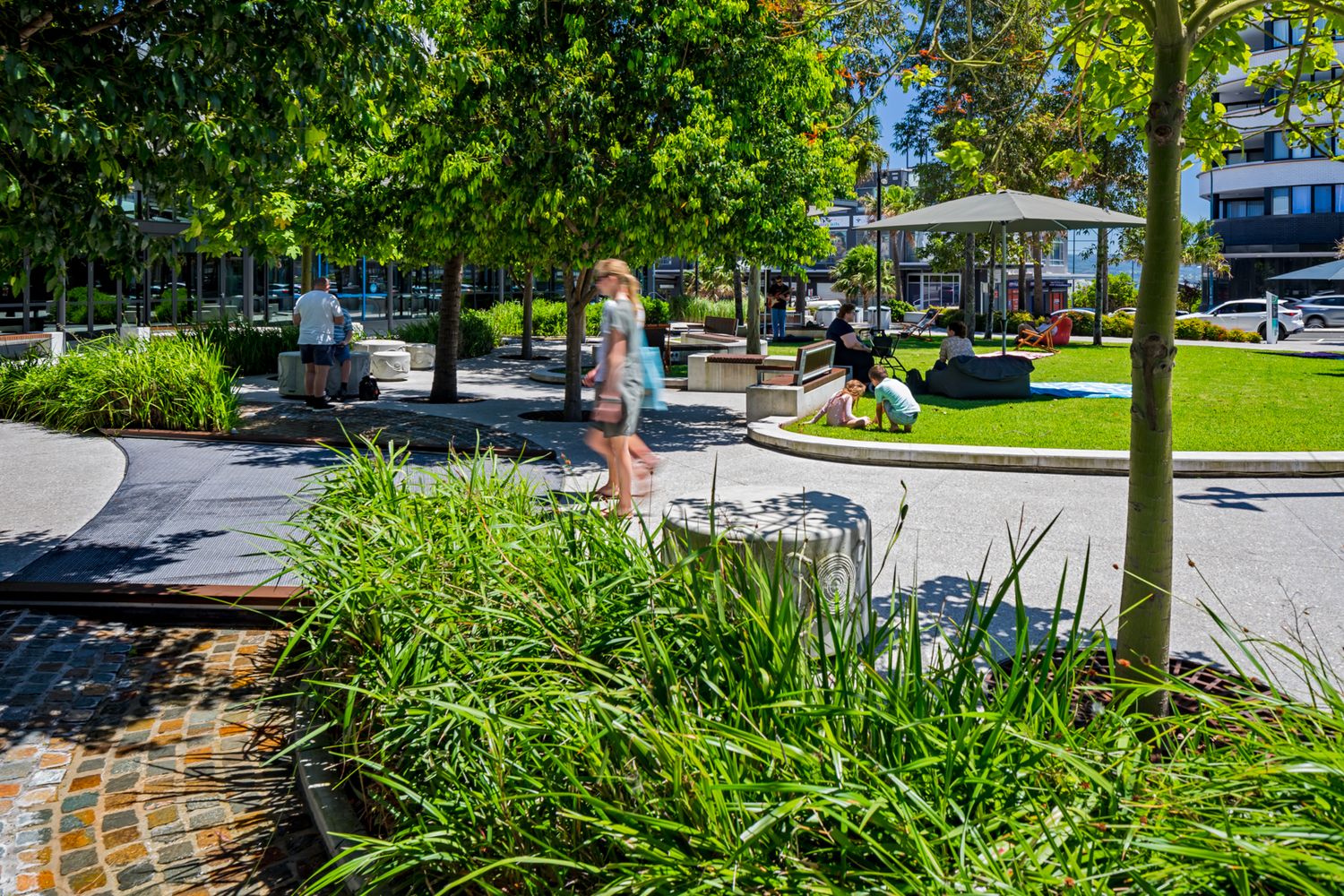 Landscaped urban park with green lawns, shady trees and ornamental grasses, where people walk along a curved paved path.