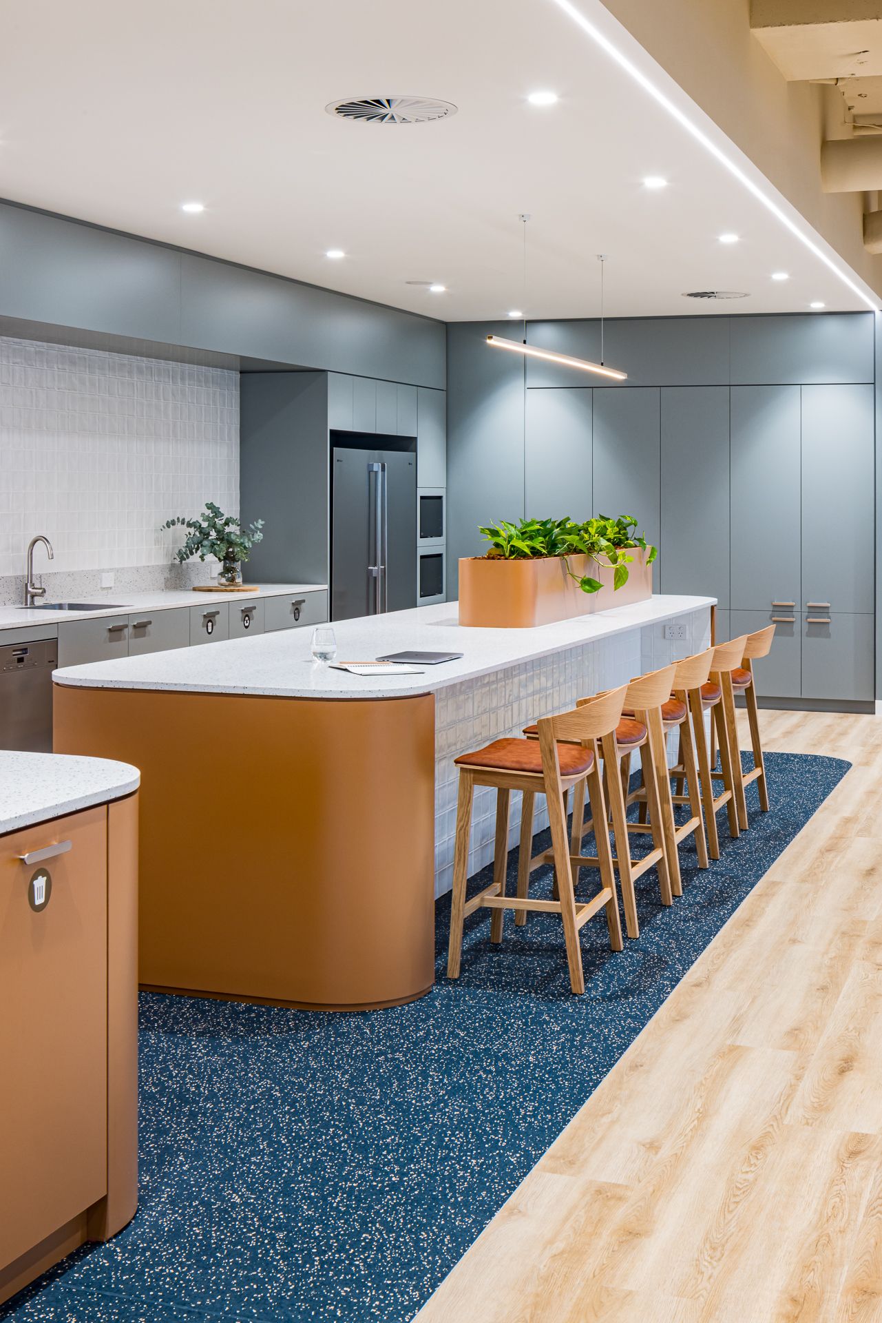 Bright open-plan office kitchen with a curved orange island, timber barstools, built-in appliances and a planter on blue terrazzo flooring.
