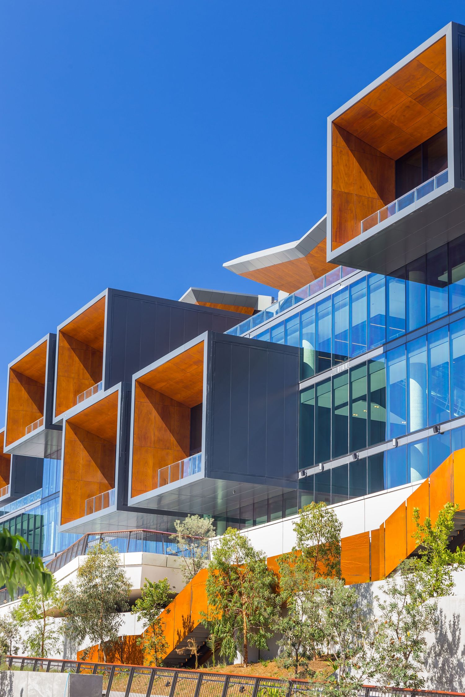 Modern building with cantilevered timber-lined balconies, dark metal cladding and blue glass facades against a clear blue sky.