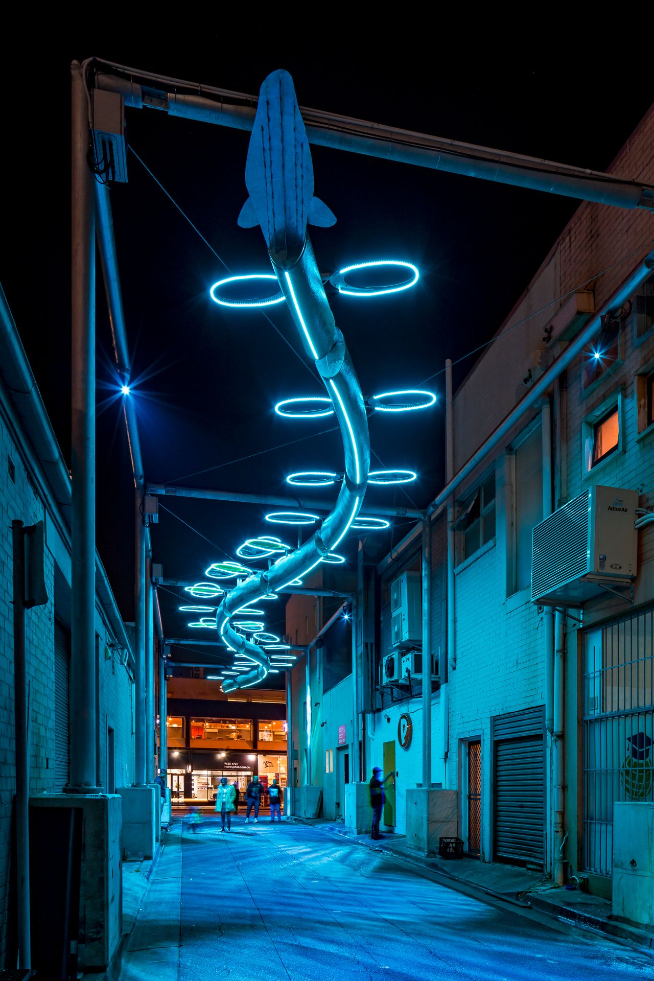 Blue neon fish light installation with glowing rings spiraling over a narrow city laneway at night, pedestrians walking below.