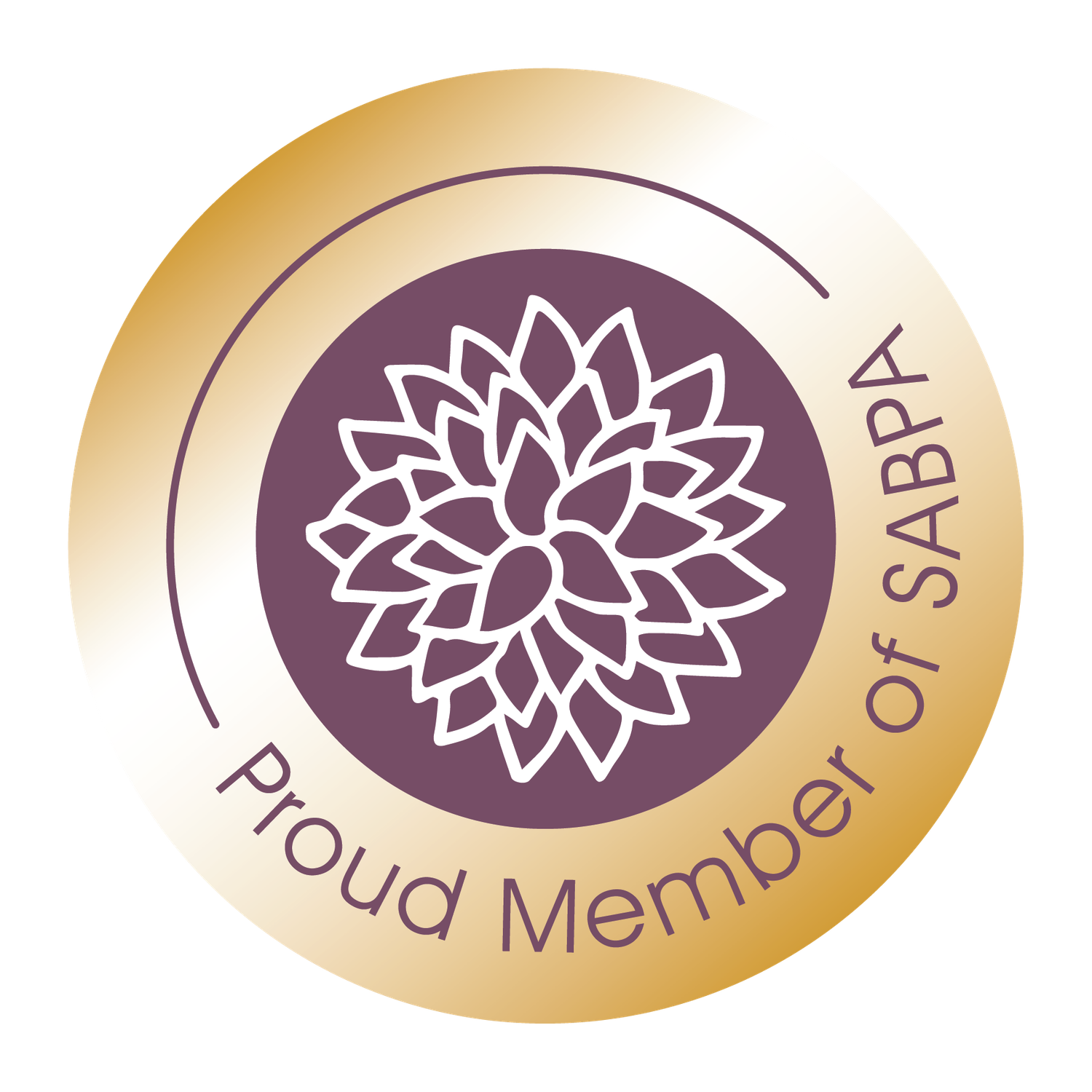 Gold and plum circular badge with a lotus flower reading Proud Member of SABPA, the South African Birth Photographers Association.