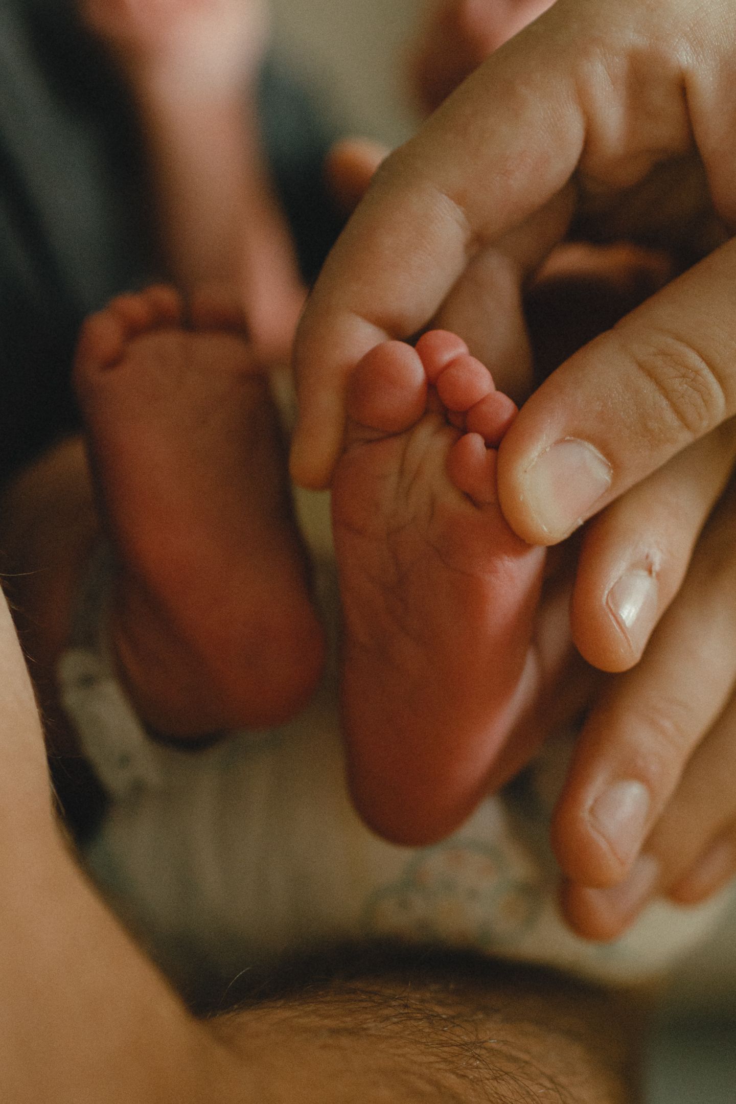 Parent's hand gently cradles a newborn baby's tiny feet, with both little soles visible in warm light.