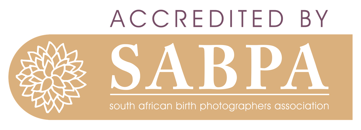 Accredited by SABPA badge with a floral emblem, representing the South African Birth Photographers Association accreditation.