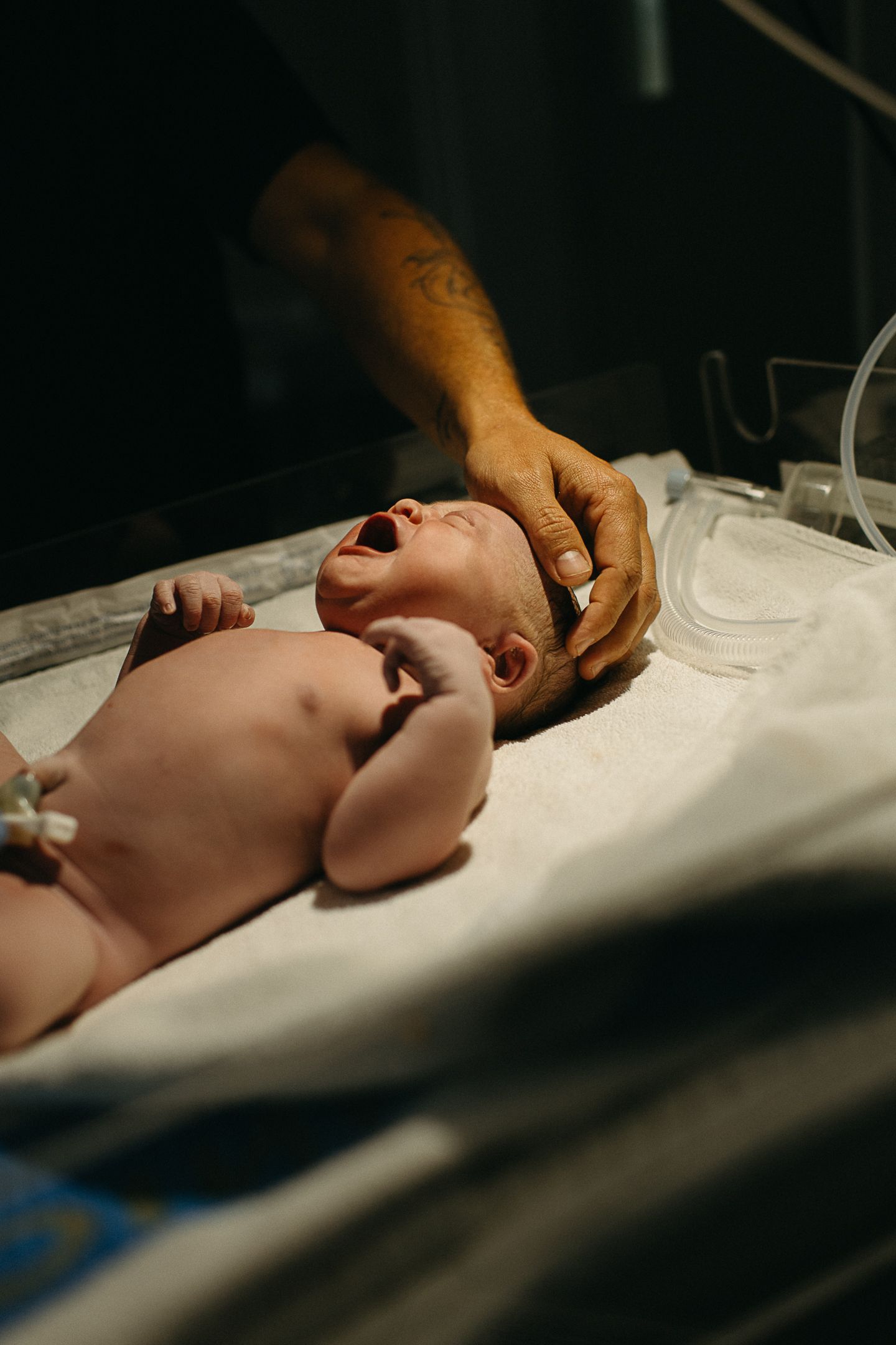 Newborn baby with open mouth lies on a hospital bed while a tattooed hand gently rests on the infant's head.