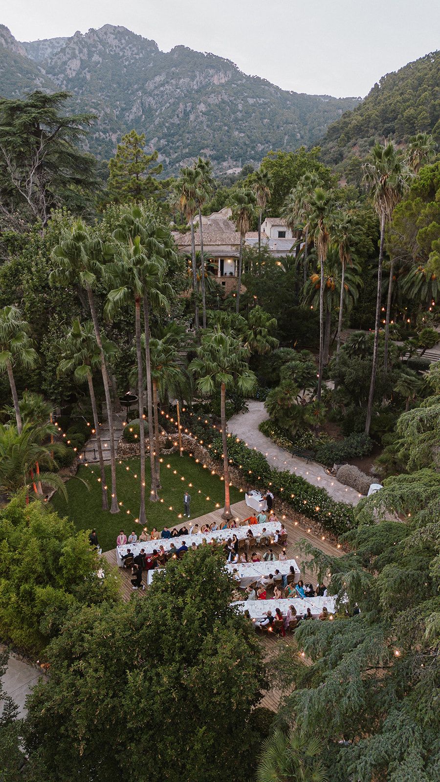 Aerial view of elegant outdoor wedding reception with string lights among palm trees.