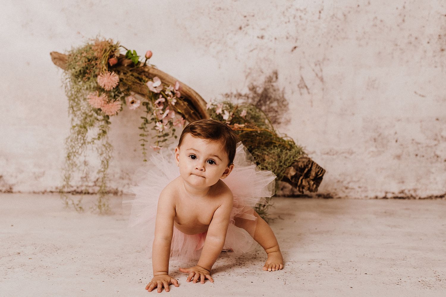 A baby in a pink tutu crawls on the floor beneath a rustic floral branch arch against a neutral backdrop.