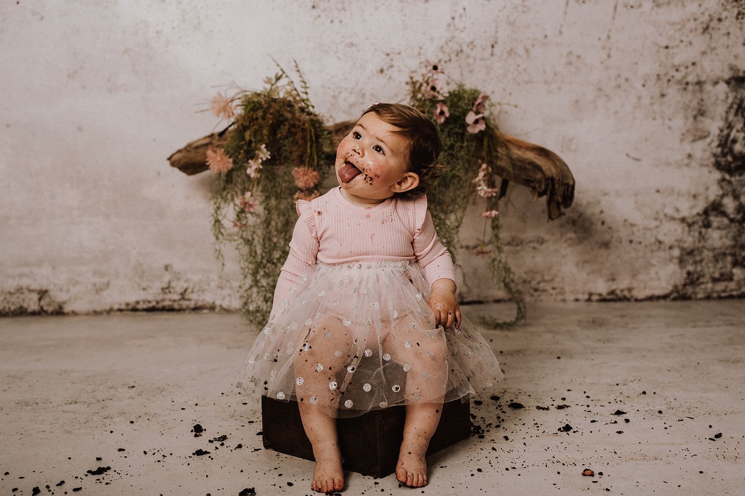 Smiling baby girl in pink tulle dress sits on dark stool against rustic white wall with floral greenery backdrop.