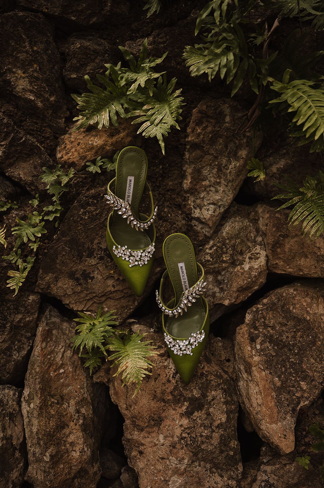 Elegant olive green pointed-toe mule heels with crystal embellishments displayed on rustic stone wall with ferns.