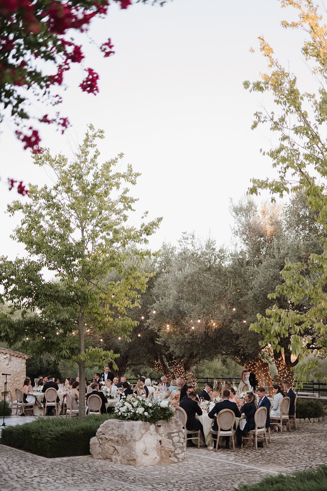 Elegant outdoor wedding reception under string lights and olive trees at dusk with seated guests.