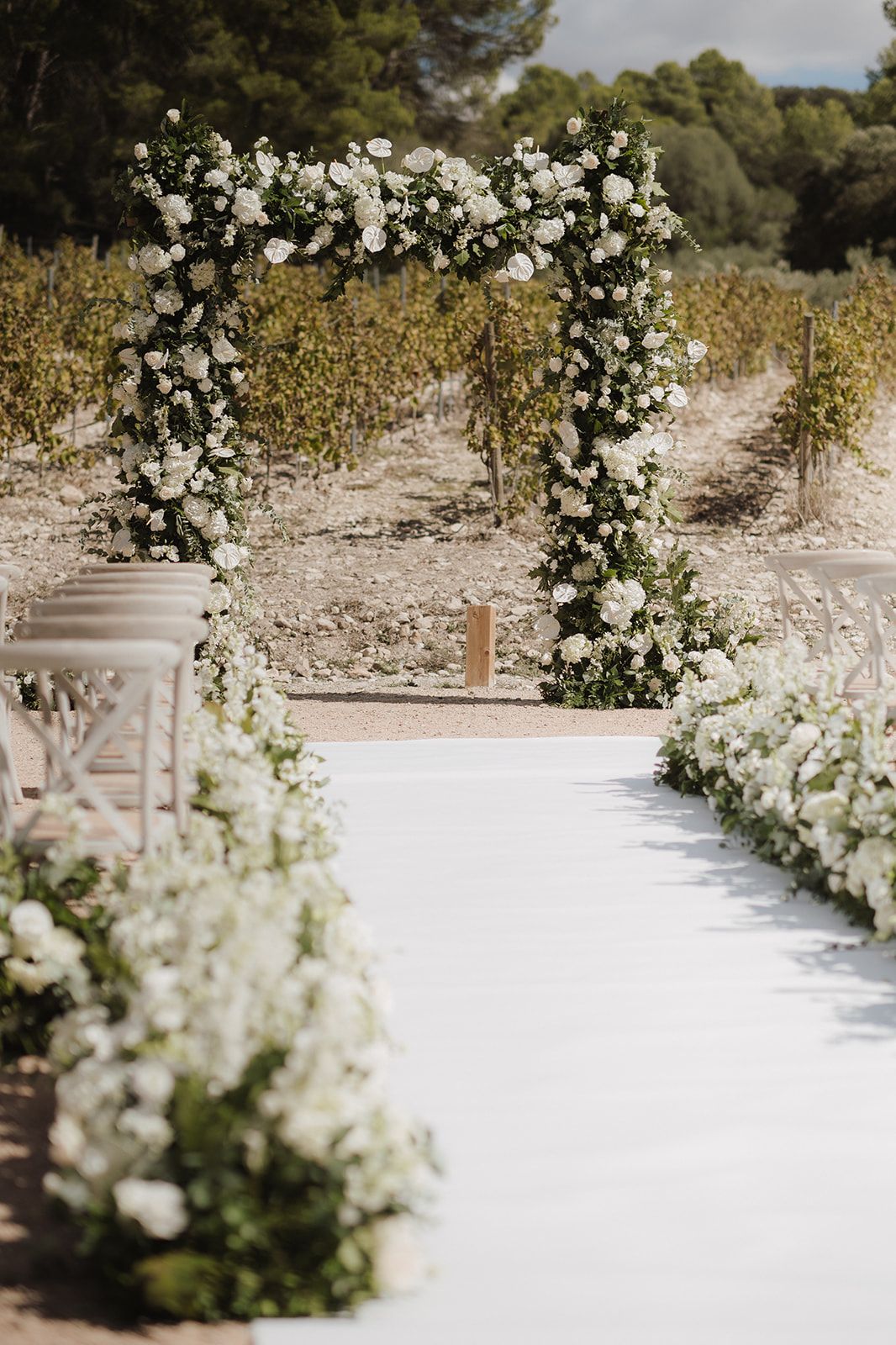 Elegant outdoor wedding aisle with white floral arch, lush greenery, and white flower arrangements lining a white carpet runner.