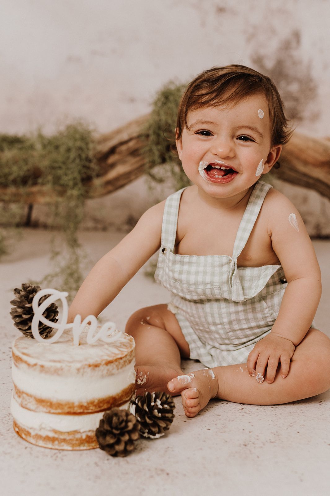 Happy baby boy in gingham romper laughing beside smashed first birthday cake with pine cones and One topper.