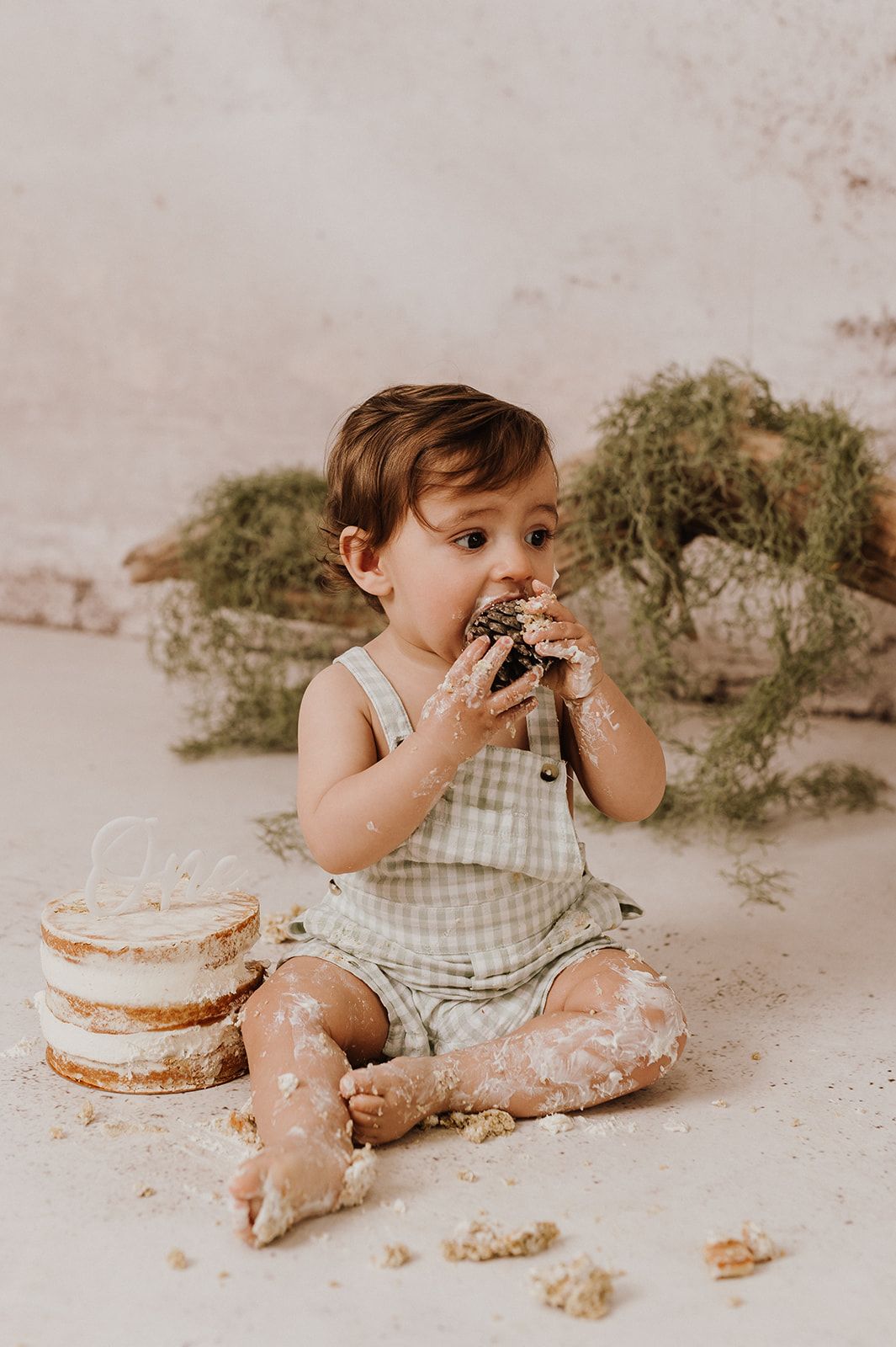 A messy toddler in a green gingham romper smashes his first birthday cake during a cake smash photo session.