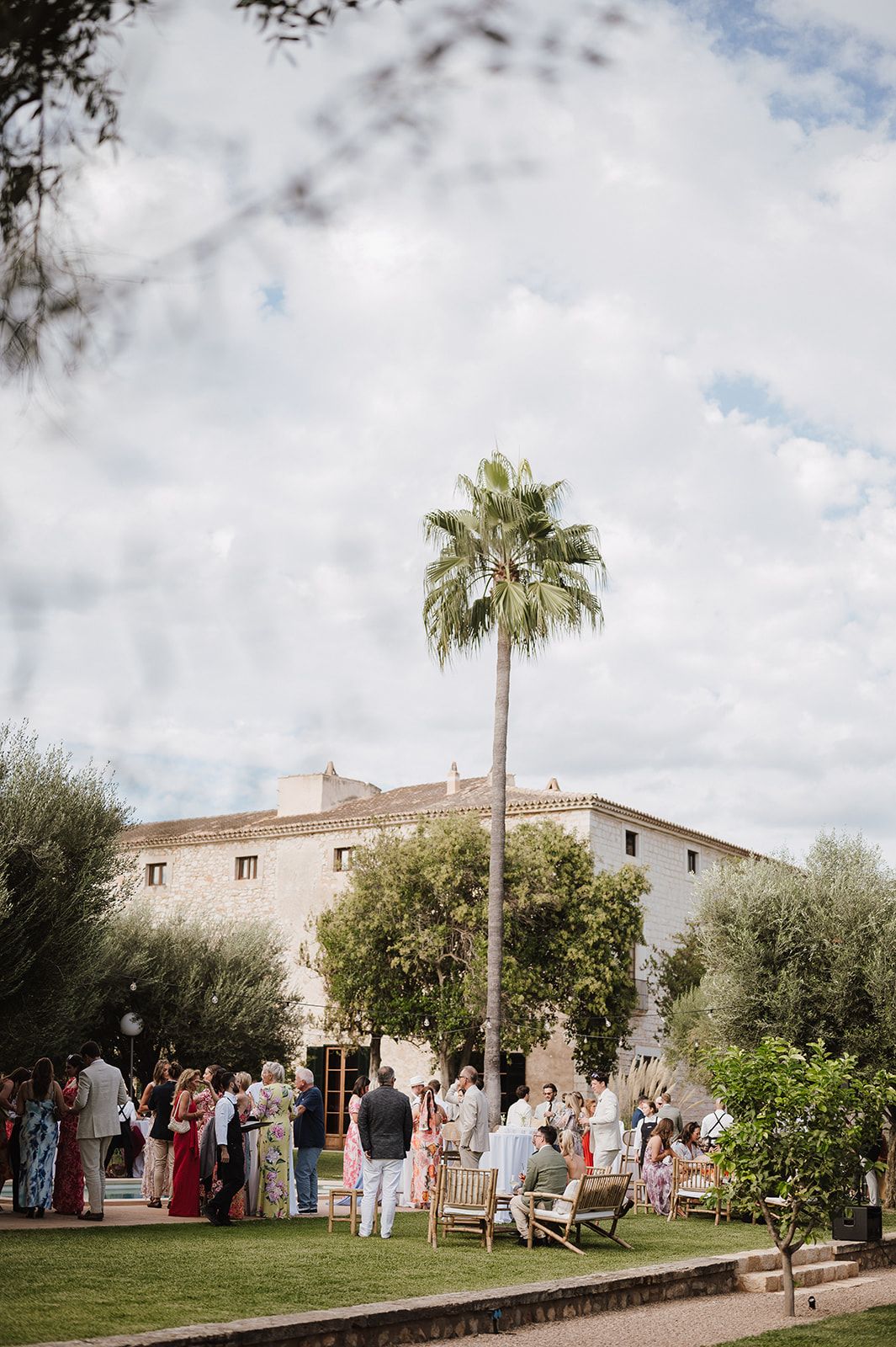Wedding guests mingling on a lawn outside a rustic stone villa with a tall palm tree under cloudy skies.