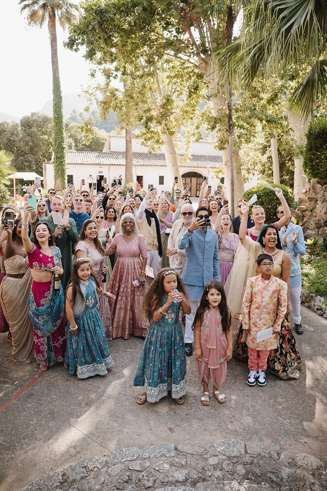 Large group of wedding guests in colorful Indian attire celebrating outdoors with palm trees.