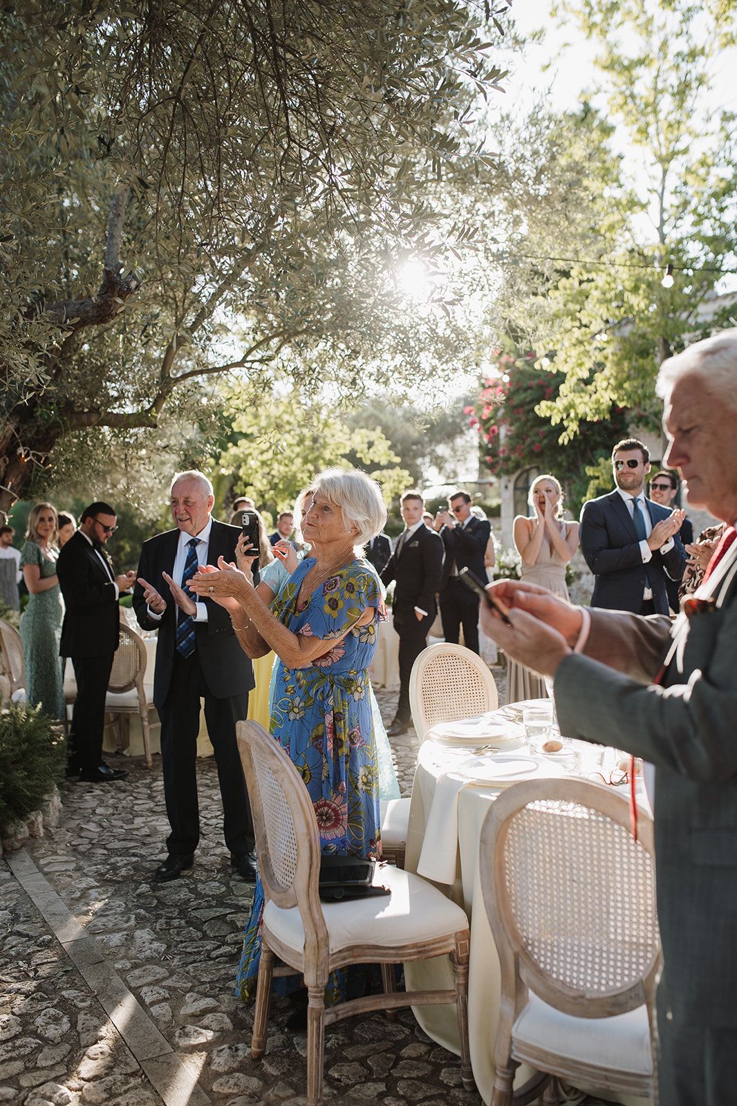 Wedding guests applaud and celebrate outdoors under sunlit trees during reception ceremony.