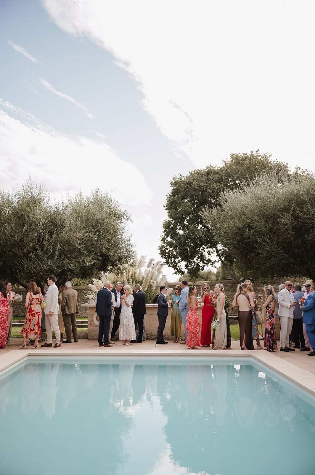 Wedding guests mingling beside a pool surrounded by lush olive trees.