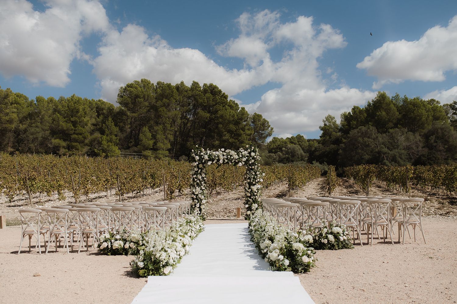 Elegant outdoor wedding ceremony setup with floral arch and white chairs in a sunny vineyard.