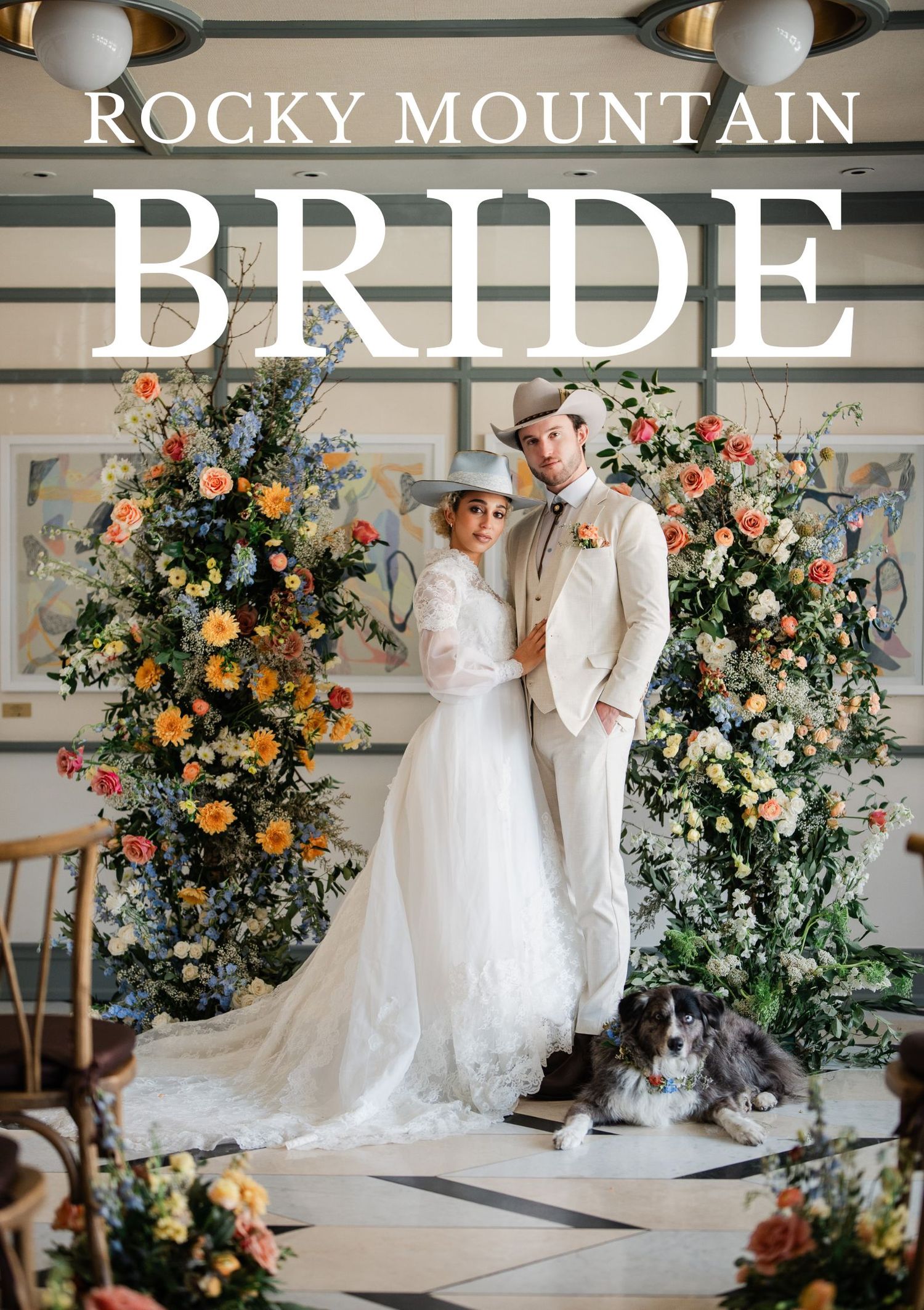 Rocky Mountain Bride magazine cover featuring a couple in western attire with a dog, surrounded by colorful floral arrangements.