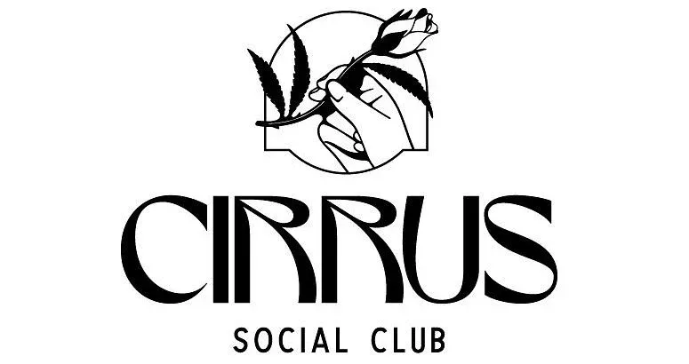 Cirrus Social Club logo featuring elegant black typography with a decorative floral and hand illustration above the text.