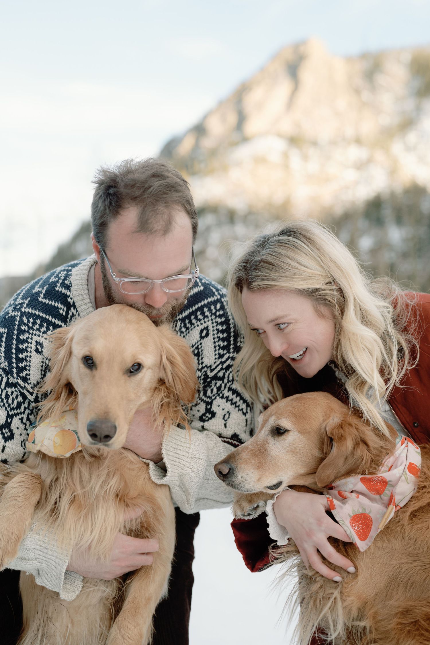 Couple cuddling with two golden retrievers in snowy mountain setting during winter engagement session.