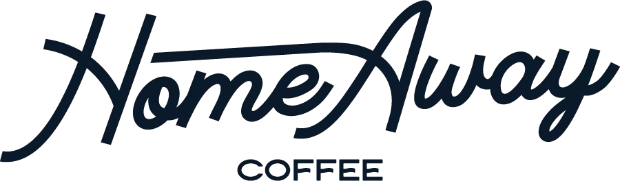 HomeAway Coffee brand logo featuring stylish handwritten script typography in dark navy blue on a white background.