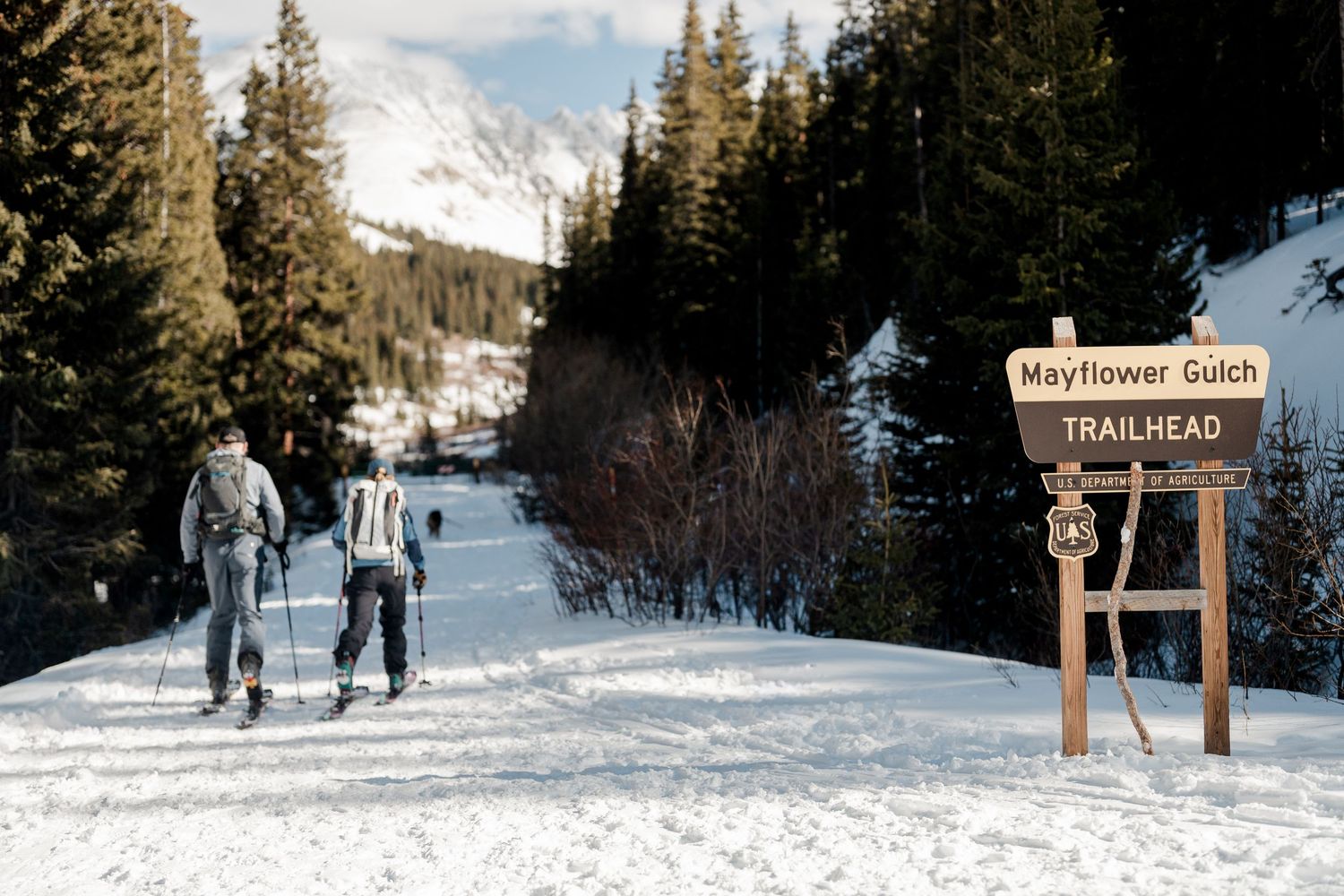 Two backcountry skiers heading up Mayflower Gulch Trailhead on a sunny winter day in Colorado.