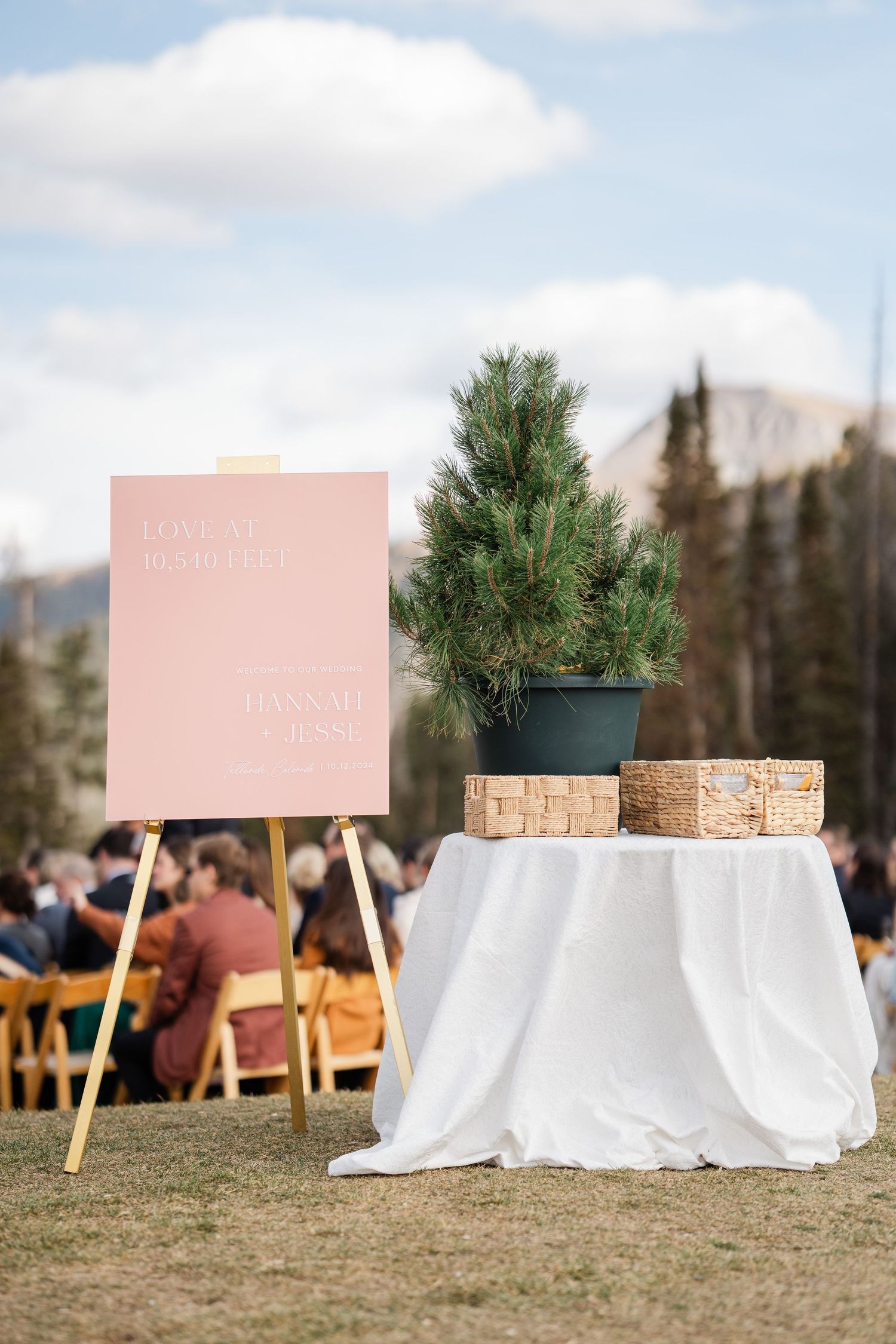 Pink wedding welcome sign on easel beside small pine tree and wicker baskets at outdoor ceremony.