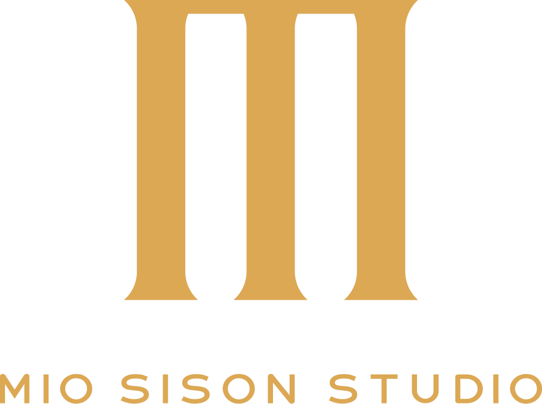 Elegant gold Mio Sison Studio photography logo with three column lettermark on white background.