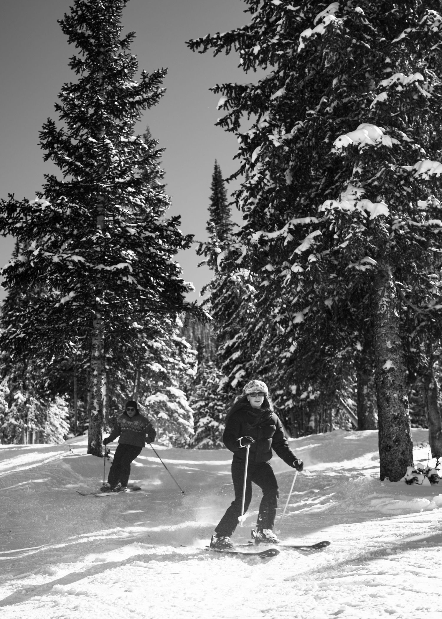 Two skiers descending a snowy slope lined with snow-covered pine trees in black and white.