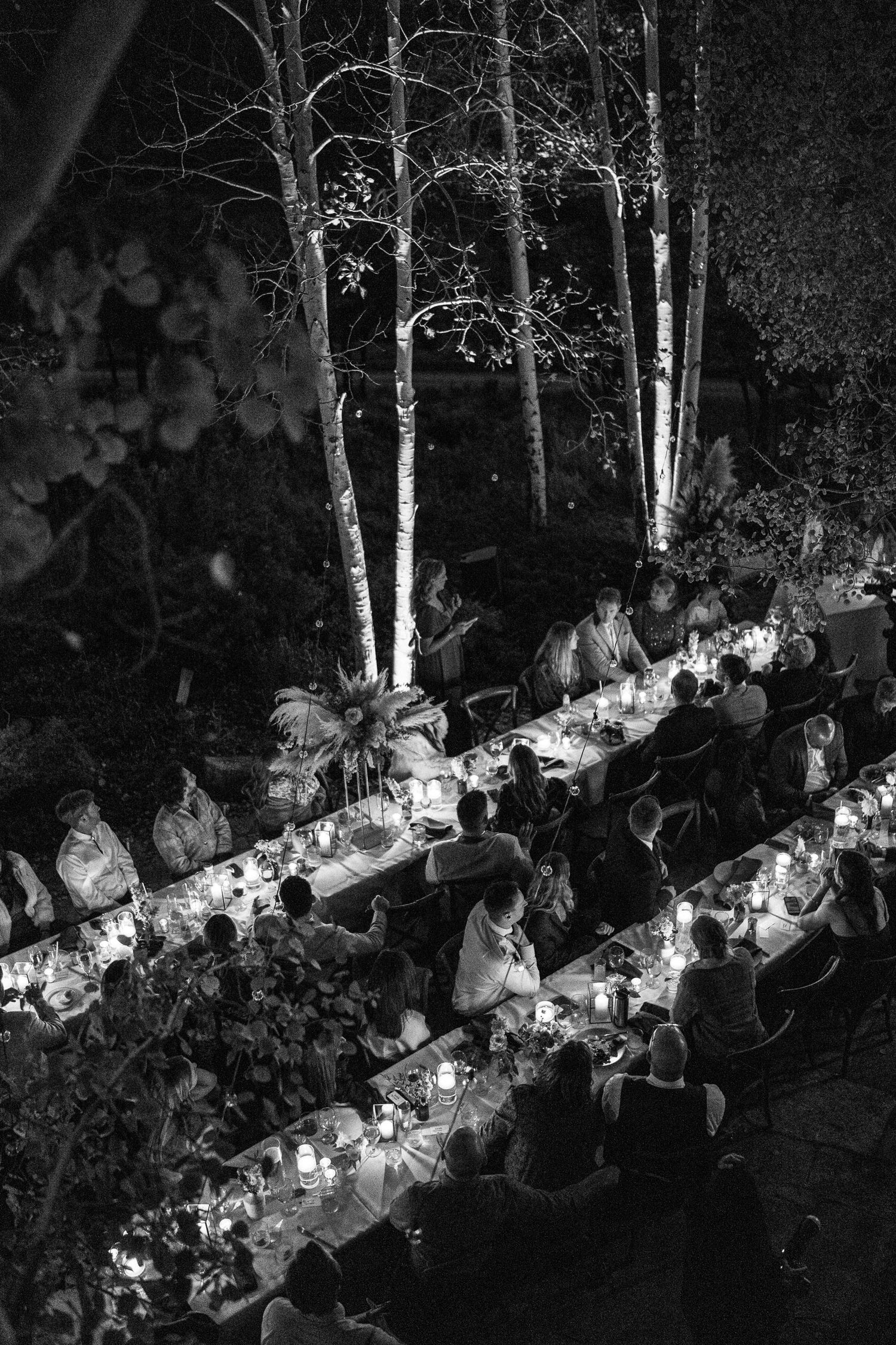 Black and white aerial view of a candlelit outdoor wedding reception among illuminated birch trees.