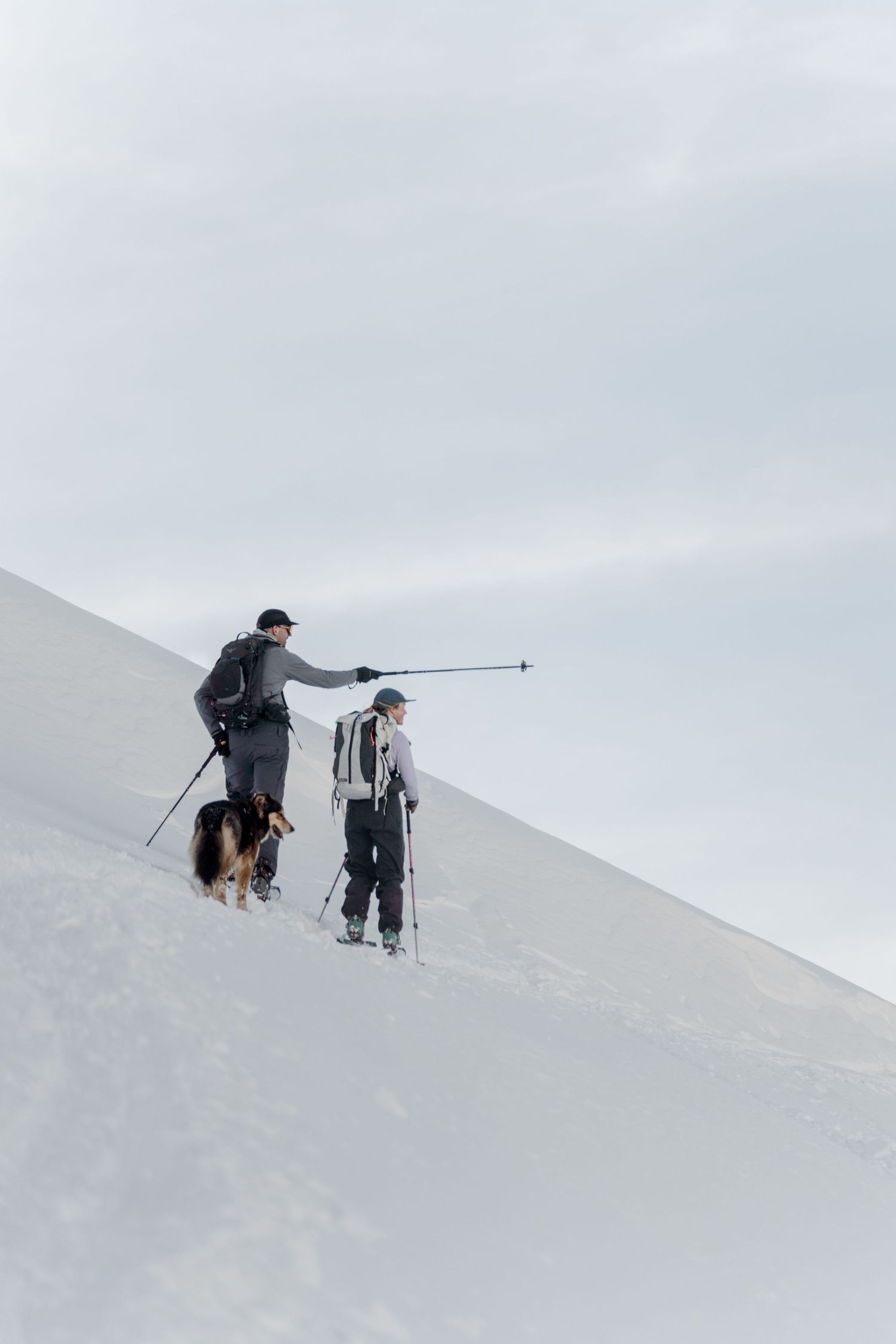 Two backcountry skiers with poles and a dog climb a steep snow-covered mountain ridge on an overcast day.