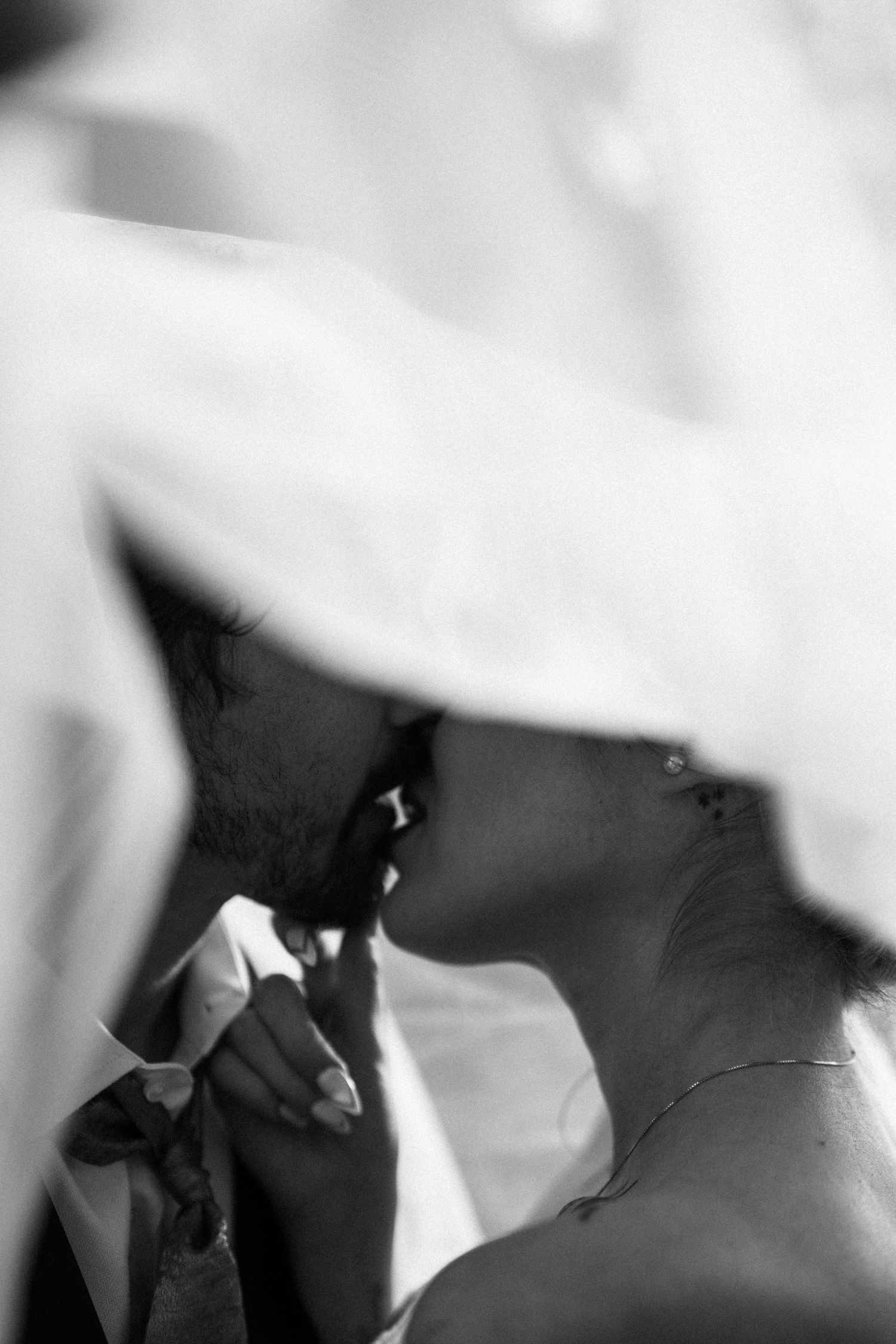 Black and white photo of a bride and groom sharing a kiss beneath a flowing wedding veil.