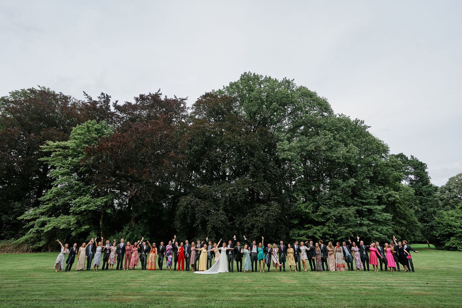 Wedding party in formal attire stands in a curved line on a lush green lawn with trees in the background.