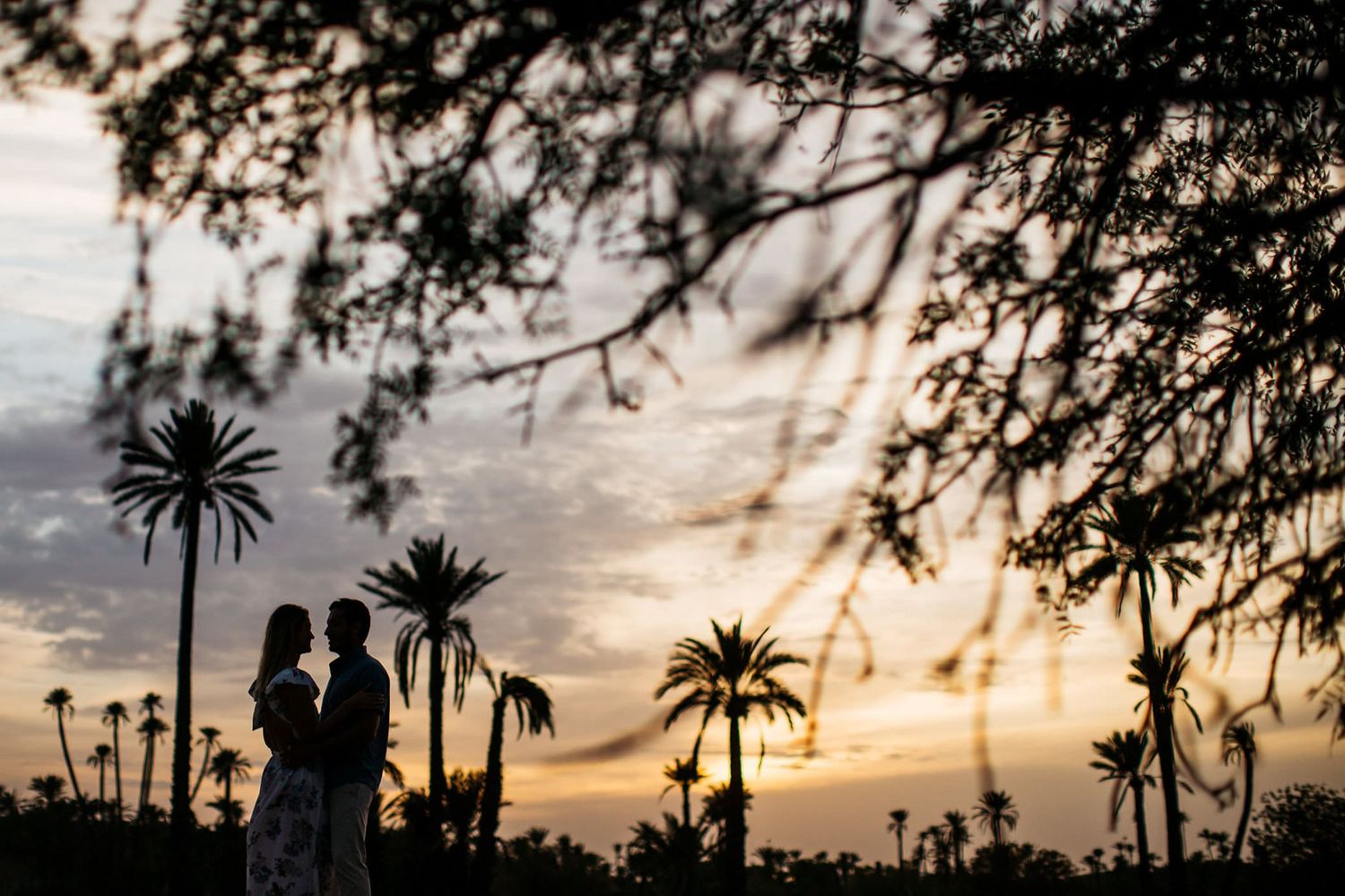 Silhouetted couple shares romantic moment at sunset among tropical palm trees in dramatic golden sky.