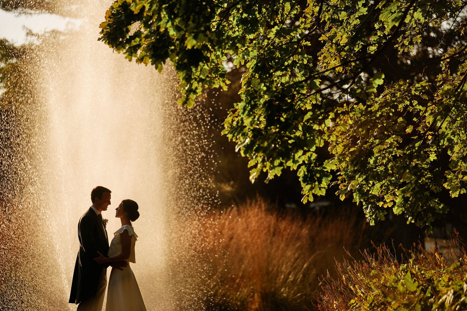 Romantic silhouettes of a couple standing in a golden backlit garden with water spray creating a dreamy atmosphere.