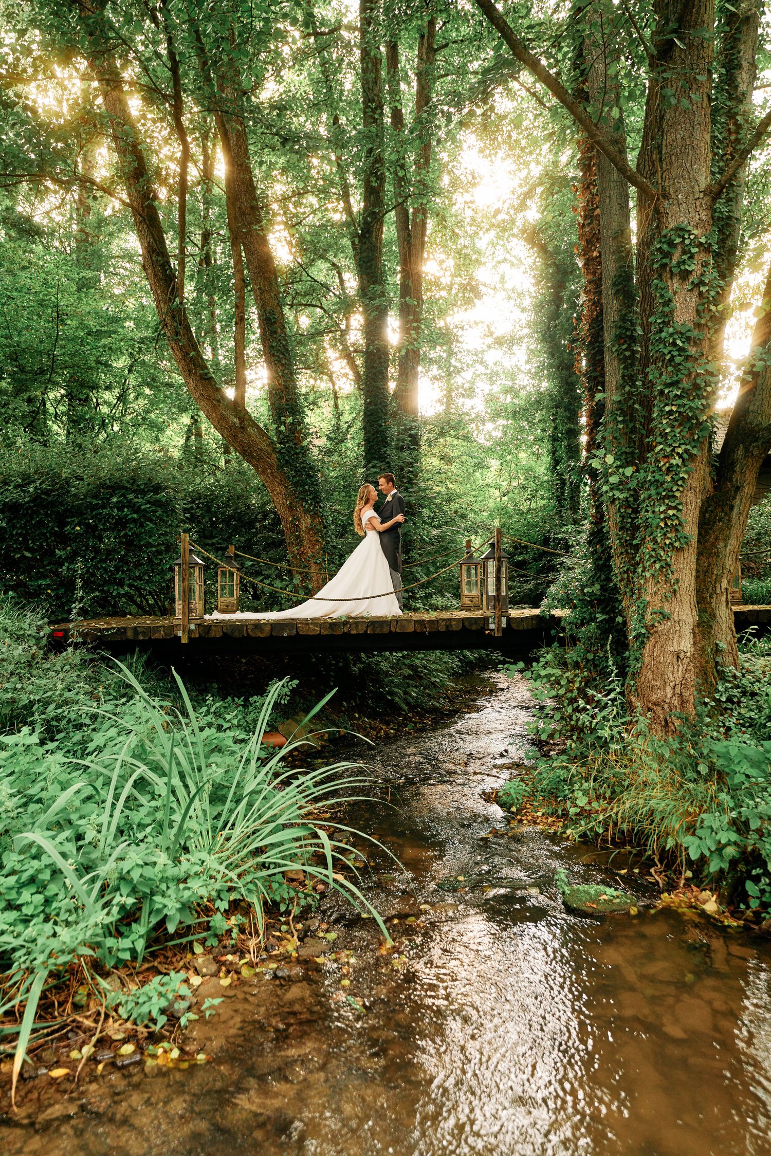 A winding forest path through lush greenery leads to a scenic woodland setting in golden sunlight.