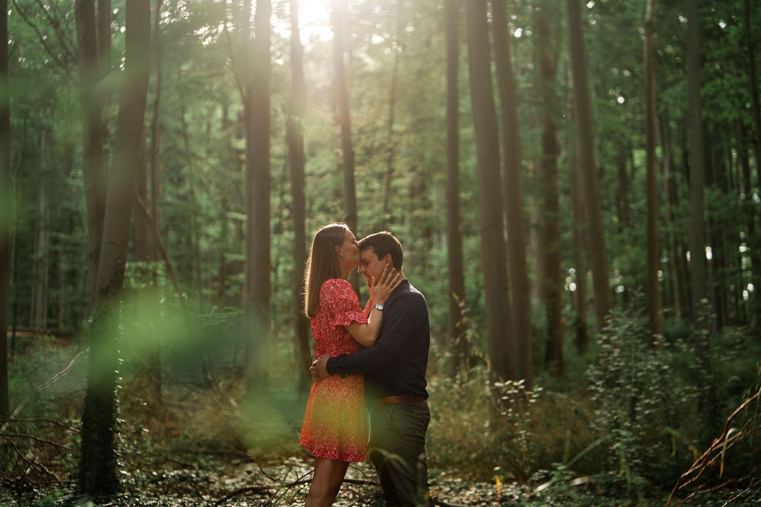A couple embraces in a sunlit forest with golden light streaming through tall trees and green foliage.