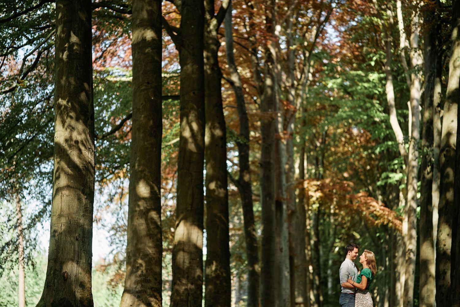 A couple embraces in a romantic moment surrounded by tall autumn trees in a forest setting.