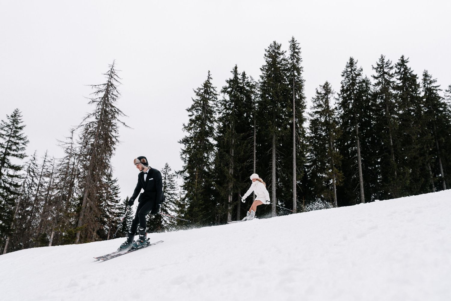 Snow-covered mountain peaks and evergreen trees line a winter landscape against a bright white sky.