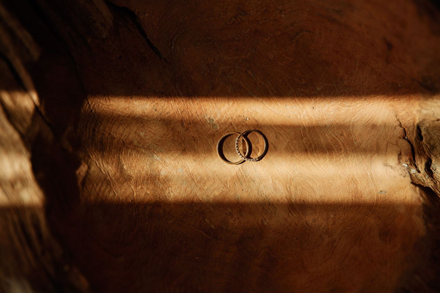 Two wedding rings cast dramatic shadows on a textured golden surface.