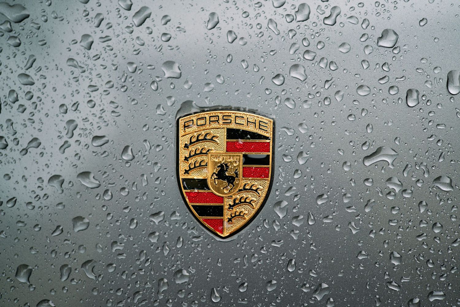 Porsche logos on a rain-covered surface with water droplets creating a sleek and moody automotive backdrop.