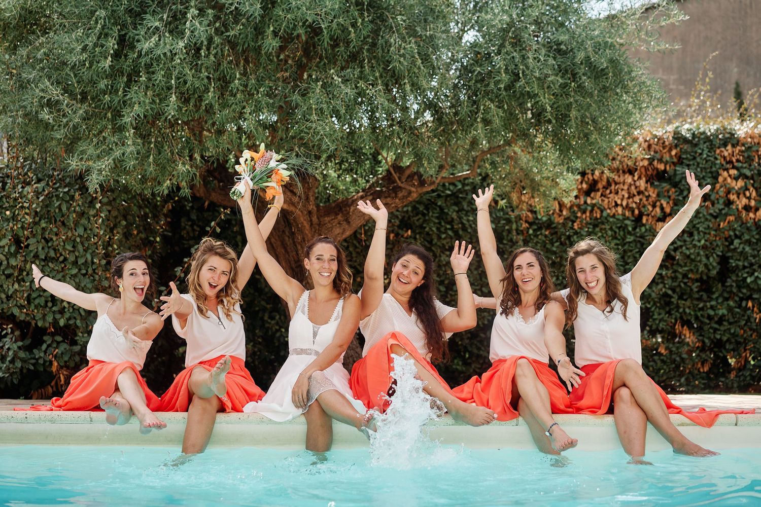A sequence of poolside photos showing people jumping into a swimming pool with synchronized movements.