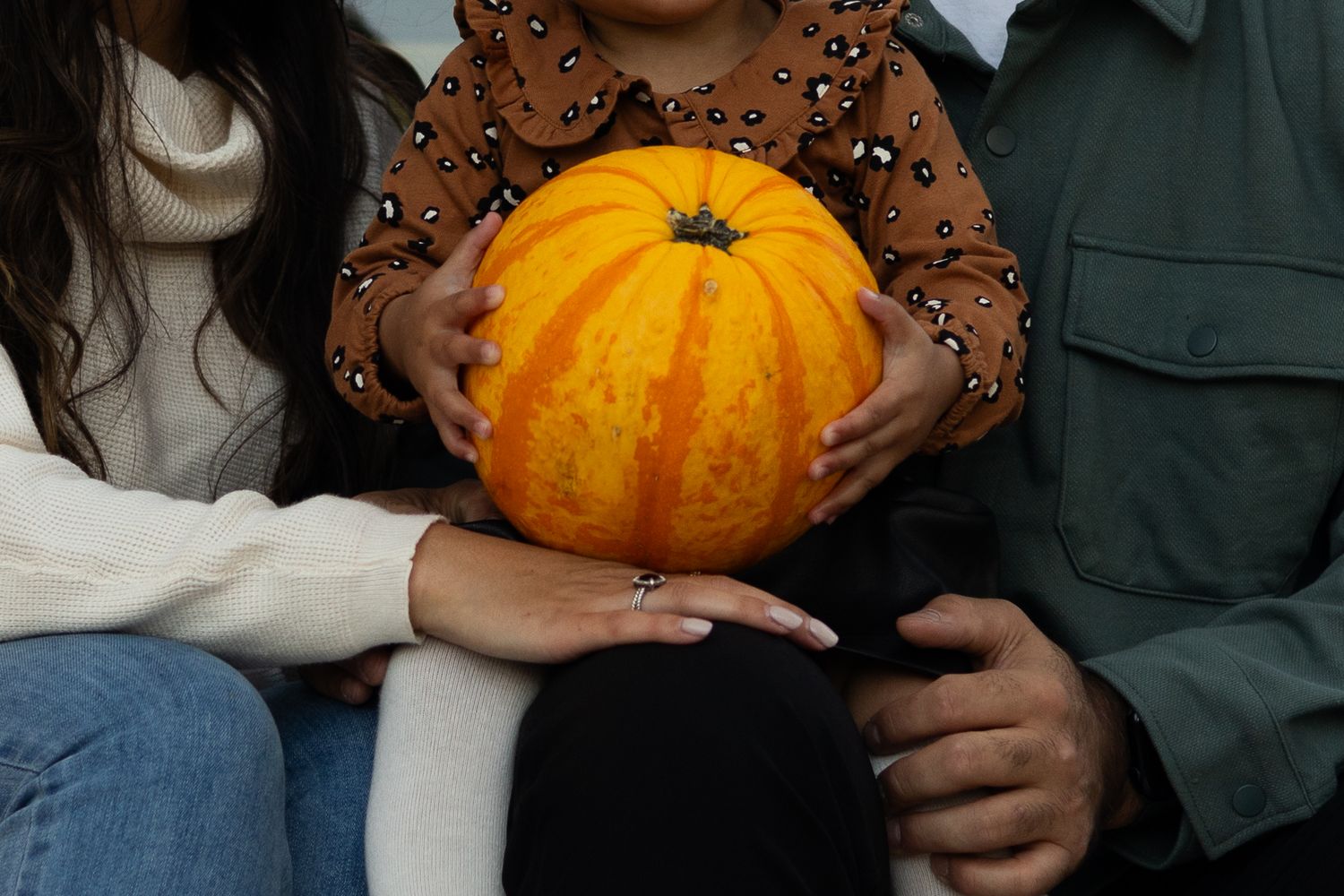 Hands holding a bright orange pumpkin against dark clothing in an autumn setting.