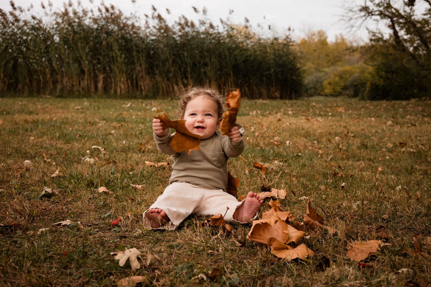 A small child sits on autumn grass surrounded by fallen brown leaves while wearing a brown sweater.