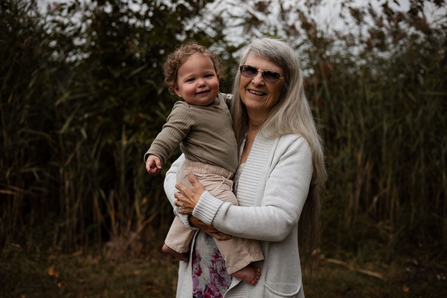 A series of candid outdoor family moments captured in a wooded setting during golden hour lighting.